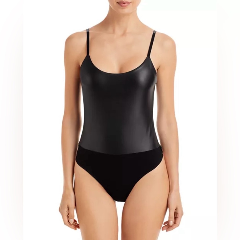 🆕 AQUA Faux Leather Bodysuit Black Spaghetti Strap Size XL 100% Office Exclusive